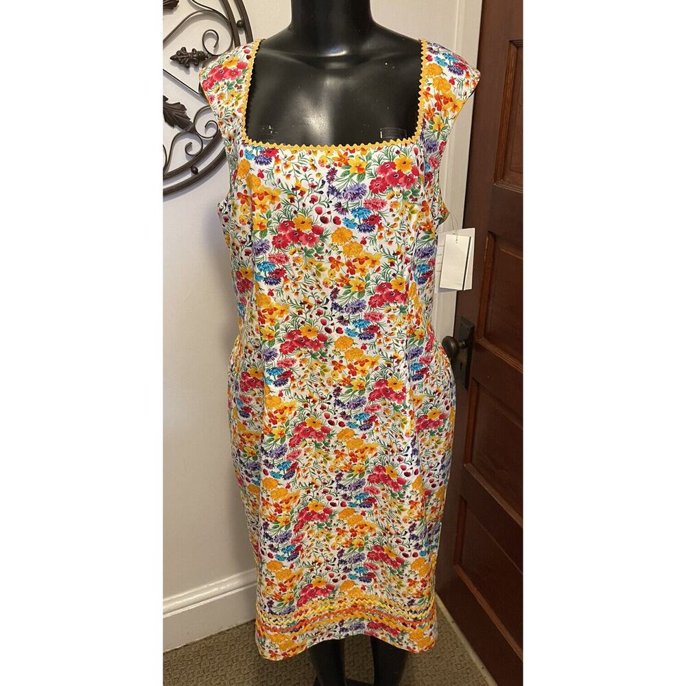 Size 16 Spenser Jeremy New Floral Cotton Dress Rickrack Trim Retro Style - Picture 2 of 9